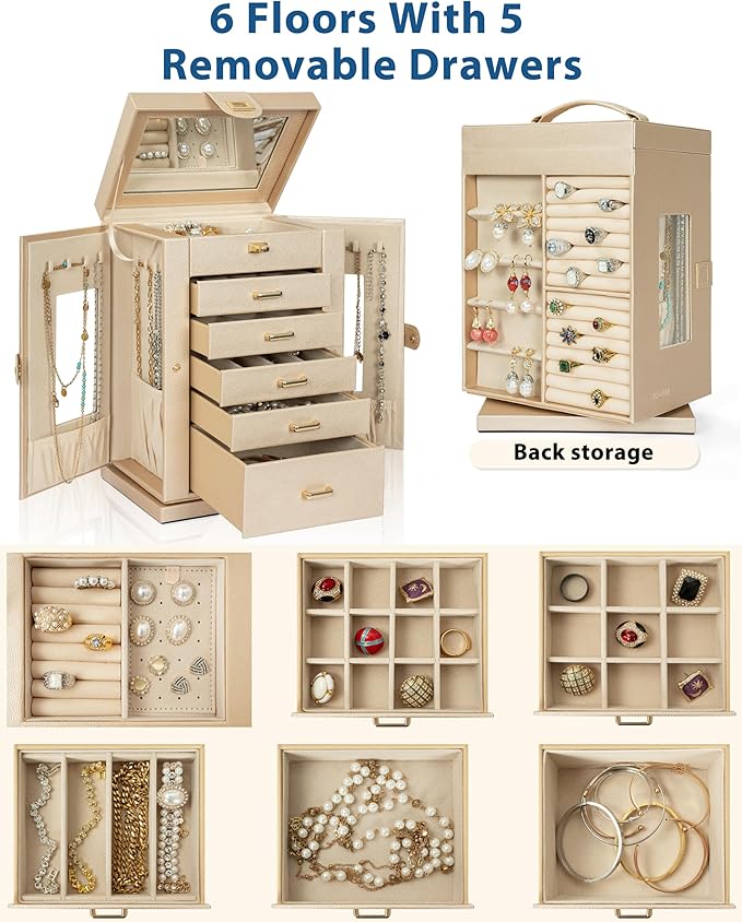 AKOZLIN Jewelry Box 6-Tier Organizer Functional 360° Rotating Jewelry Storage Case for Women Girls Ring Necklace Earring Bracelet Holder with Mirror