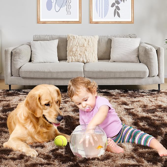 6x9 Area Rugs for Living Room, Fluffy Shaggy Bedroom Rug Indoor Carpet, Anti-Skid Soft High Pile Rug for Nursery, Kids Room, Bedside, Home Decoration, Tie-Dyed Brown