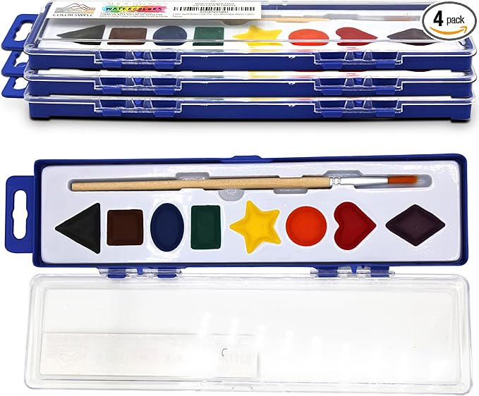 Color Swell Bulk Watercolor Paint Set – 4-Pack with 8 Washable Colors & Shape Learning Tools – Includes Strong Wood Brushes for Kids