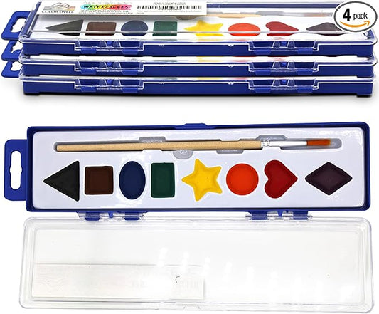 Color Swell Bulk Watercolor Paint Set – 4-Pack with 8 Washable Colors & Shape Learning Tools – Includes Strong Wood Brushes for Kids