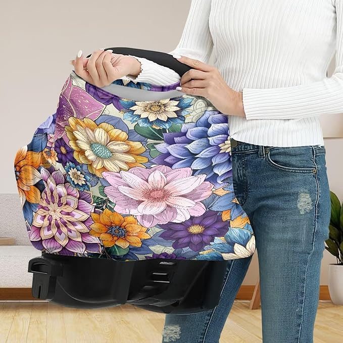 Binienty Durable Fabric Infants Carseat Canopies for Baby Girls Boys,Bohemian Flower Design, Baby Stroller Cover