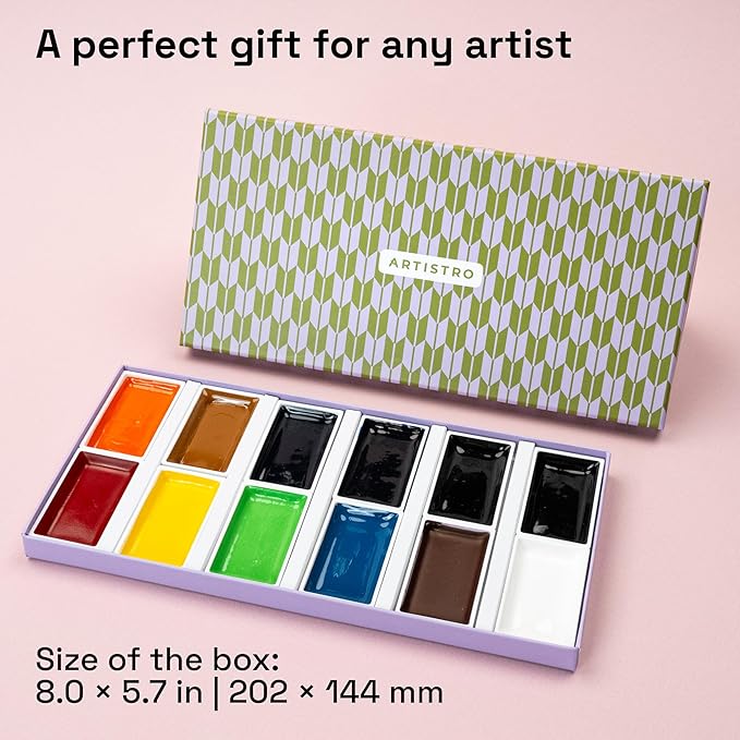 ARTISTRO Professional Watercolor Paint Set for Adults - 12 Pigment-Rich Colors, XL Pans, ASTM-I Lightfastness, High Tinting Strength Watercolor Set for Professionals made by professionals