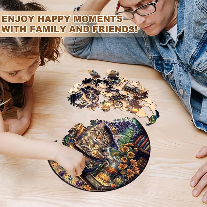 KAAYEE Wooden Puzzles for Adults, 3D Visual Effect Magic Feline Cat Wooden Jigsaw Puzzle Unique Shape Wood Puzzle Adult, 3D Effect Flat Puzzle Birthday Family Game (S-8.5 * 8.5 in-100pcs)