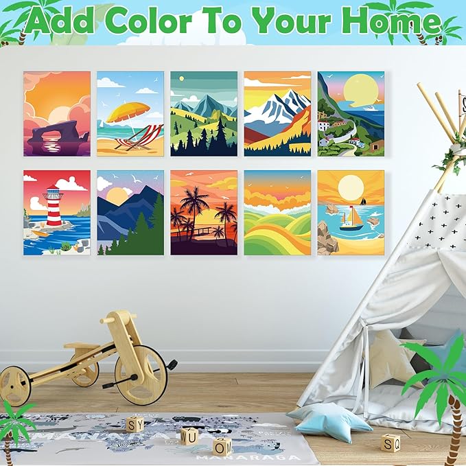 Blosssound 10 Set Pre Printed Canvas Pre Drawn Canvas Painting with Easel Kits 5" x 7" Outline Painting Panels for Beginners, DIY Craft Project, Party Favor, Home Decors(Summer)