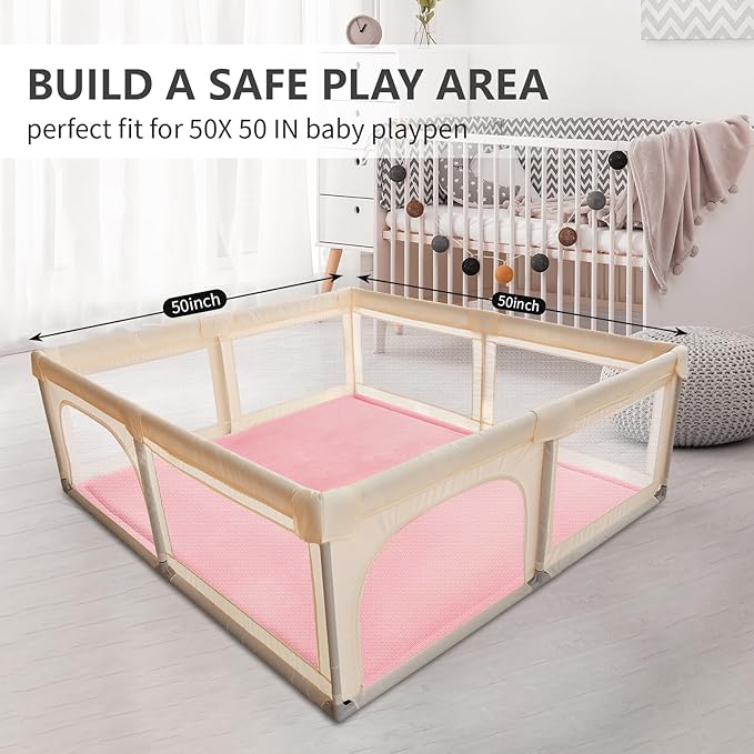 Baby Play Mat for Floor,1.3" Thick Elasti-Foam 50x50 Playpen Mat for Toddlers Infant Kids,Water-Repellent Soft Coral Velvet Tummy Time Mat,Non Slip Crawling Mat,Tatami Mat(Pink)