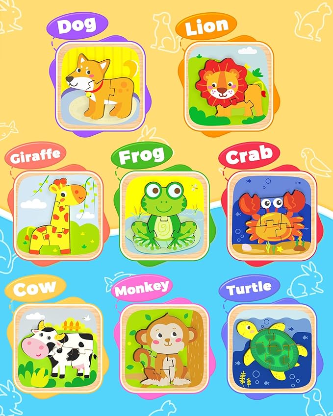 Benresive Wooden Toddler Puzzles, 8pcs Animal Montessori Toys for 1-3 Year Old Boys & Girls, Learning Educational Preschool Toys, Great Gifts for 1 2 3 Year Olds