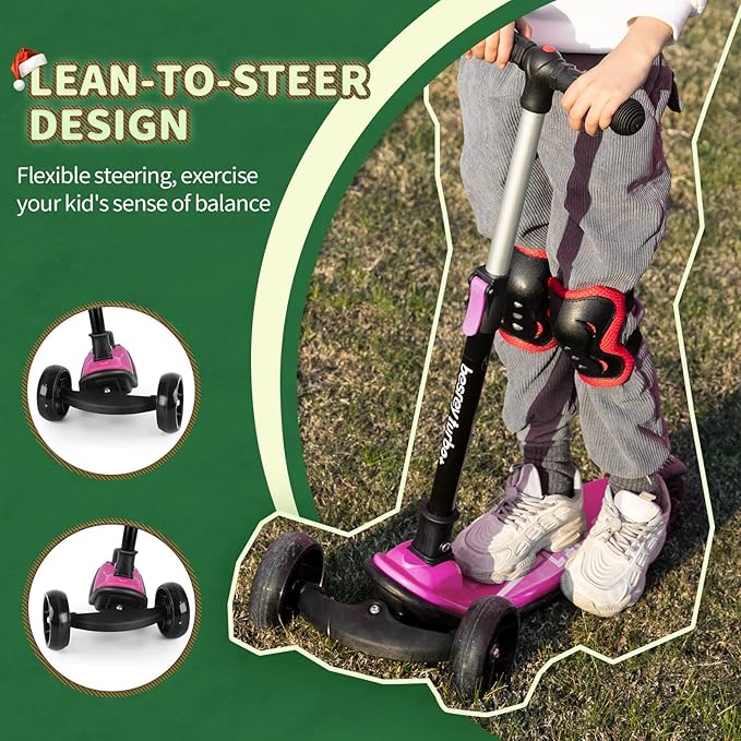 Besrey Kick Scooter for Kids Ages 3-10, 3-Wheel Folding Scooter with Adjustable Height, LED Light Wheels, Extra Wide Deck for Outdoor Activities