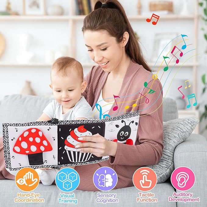 Black and White High Contrast Toys for Baby 0-3 3-6 Months Infant Tummy Time Soft Book Sensory Musical Toy 0-2-4-6 Month Babies Brain Development Montessori Crinkle Book Mirror Newborn Shower Gifts