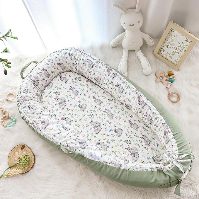 Baby Lounger Cover for Boys Girls, Reversible Baby Nest Cover, Adjustable Baby Lounger Replaceable Cover for Infant Newborn, Portable and Machine Washable, Cotton Green Rabbit Cover Only