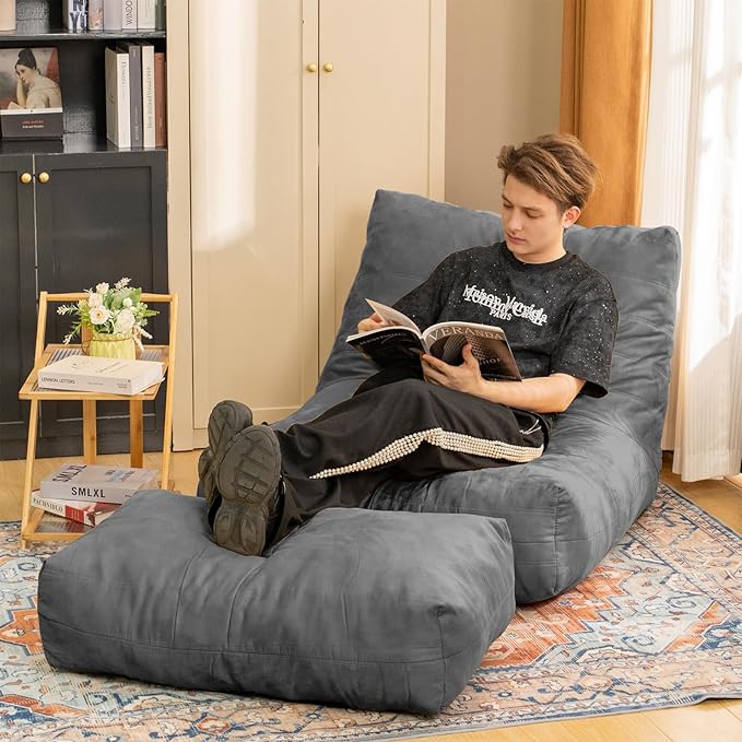 Bean Bag Chair with Ottoman, Comfy Bean Bag Sofa with Memory Foam, Lazy BeanBag Sofa with Footstool, Fireside Bean Bag Couch for Living Room, Bedroom, Apartment