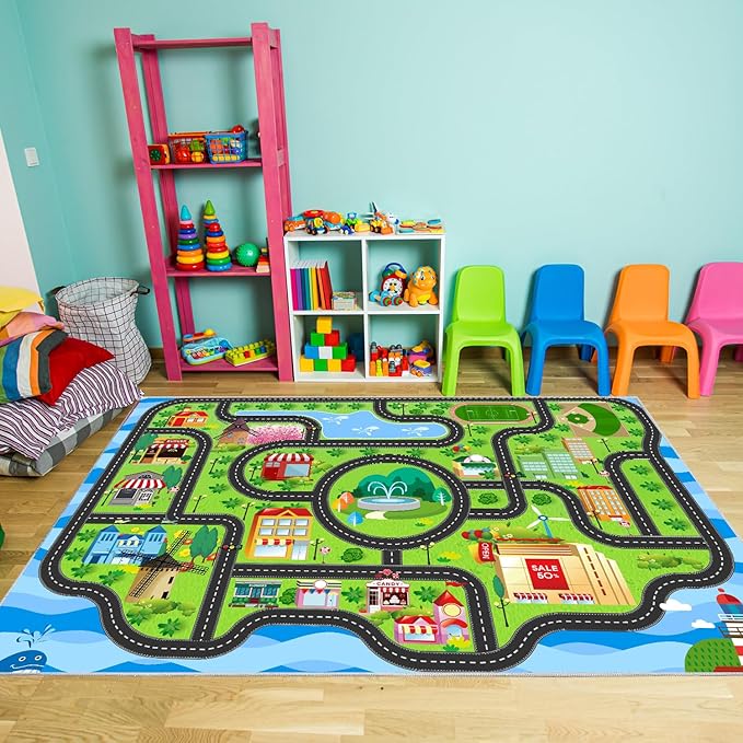Car Rug,Kids Play Rug with Roads,Playroom Toy Car Rug, Car Track Rug City Map for Bedroom Classroom - (110X78.7 Inches)