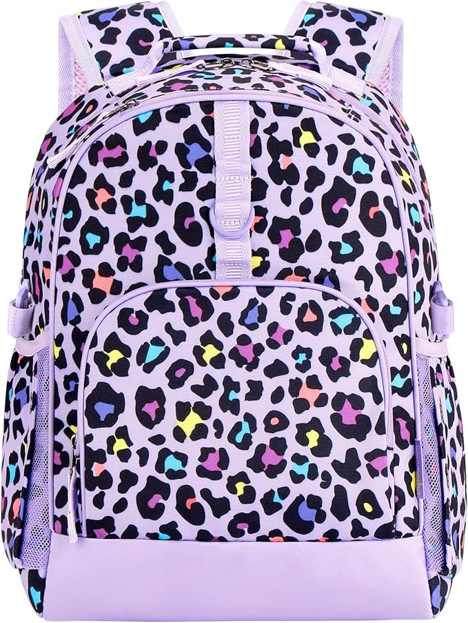 Choco Mocha Cheetah Backpack for Girls, Elementary School Backpack for Girls Ages 6-8 Kids Kindergarten Backpack Large Bookbag 18 Inch with Chest Strap, Purple
