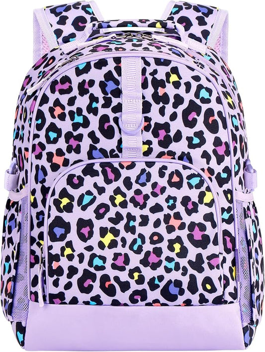 Choco Mocha Cheetah Backpack for Girls, Elementary School Backpack for Girls Ages 6-8 Kids Kindergarten Backpack Large Bookbag 18 Inch with Chest Strap, Purple