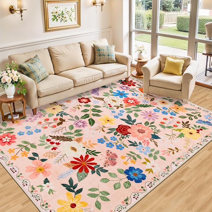 Area Rug Living Room Rugs: Floral 5x7 Washable Rug Vintage Soft Boho Non-Slip Carpet Indoor Floor Stain Resistant Large Carpets for Bedroom Dining Room Farmhouse Nursery Hallway Home Office Beige