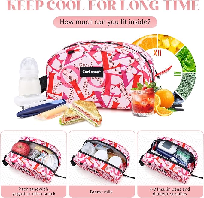 Cerbonny Small Cooler Bag Freezable Lunch Bag for Work School Travel, Leak-Proof, Insulated, Portable, Lightweight, 2.5L, Love Pattern