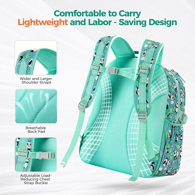 Choco Mocha Panda Backpack for Girls, Elementary School Backpack for Girls Ages 6-8 Kids Kindergarten Backpack Bookbag 17 Inch with Chest Strap, Teal