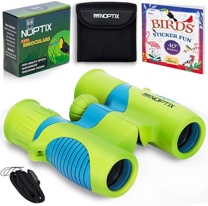 Binoculars for Kids, Girls or Boys Real Kids Binoculars in Vibrant Green Blue - Includes Sticker Book with 40 Bird Species - Small Toys for Toddlers