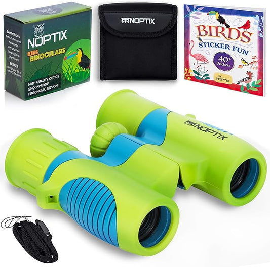Binoculars for Kids, Girls or Boys Real Kids Binoculars in Vibrant Green Blue - Includes Sticker Book with 40 Bird Species - Small Toys for Toddlers