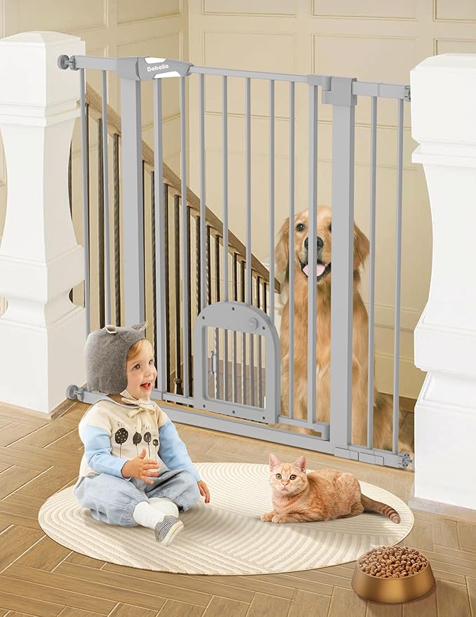 Babelio 36" Tall Upgraded Baby Gate with Cat Door,29-43" Auto Close Durable Dog Gate for Stairs,Doorways and House,Easy Walk Thru,Includes 4 Wall Cups,Gray