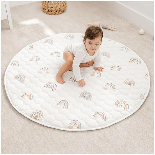 Comfy Cubs Round Kids Play Mat - Medium 48 inches Soft Quilted Baby Floor Mat with Non-Slip Bottom - Plush Design for Toddlers' Playtime and Relaxation - Comfortable and Durable - Rainbow