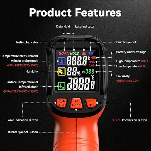 '-58°F to 2732°F Infrared Thermometer Temperature Gun with Thermocouple Probe, 50:1 Laser Temperature Gun for Humidity Measurement, BBQ, AC, High Temp Gun for Engine, Kiln, Forging, Industrial Use