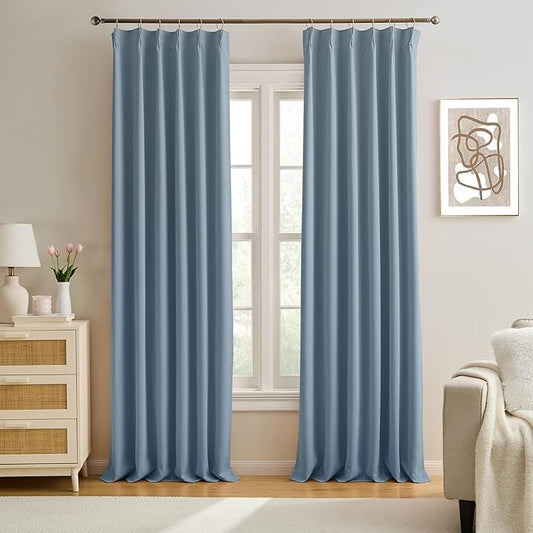 KEQIAOSUOCAI Pinch Pleated Dark Slate Steel Blue Curtains 96 Inches Long, Luxury Room Darkening Window Treatment Drapes for Nursery Bedroom Living Room, 40 x 96 Inch, Dusty Stone Blue, Set of 2