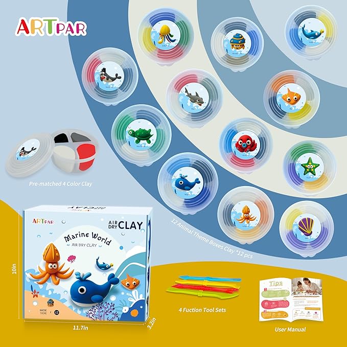 ARTPAR Air-Dry Clay Kit for Kids,12 Marine Animals‌ Modeling Magic Clay Sculpting Tools Set,Non-Toxic, Ultra-Light,Creative DIY School Arts & Crafts Gifts for Boys & Girls Ages 3-12