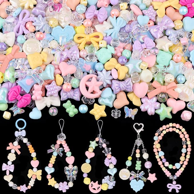 Assorted 170-230PCS Macaroon Color Acrylic Beads For Bracelet Making, Bow Butterfly Candy GummyBear Aesthetic Bracelet Charms,Cute Beads For Jewelry Making DIY Necklace Keychain Phone Charm