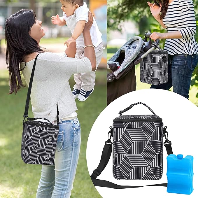 Breastmilk Cooler Bag with Ice Pack Fits 4 Baby Bottles Up to 9 Ounce Insulated Baby Bottle Bag Breast Milk Cooler on The Go with Strap Baby Bottle Cooler Bag for Nursing Mom Daycare or Travel