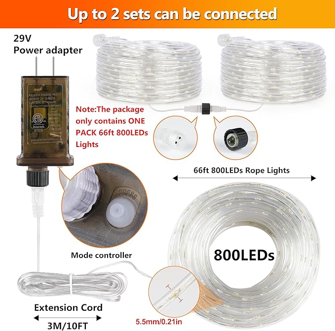 Connectable 66ft 800 LED Rope Lights Outdoor, Warm White Strip Lights Plug in, Outdoor String Lights Waterproof Decorative Lighting for Deck Patio Yard Garden Pathway Pool Camping Room Indoor Décor