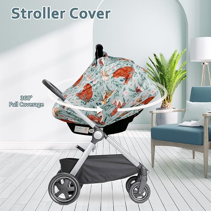 Baby Car Seat Cover, Multi-use Nursing Cover for Breastfeeding, Stretchy Stroller Cover Boys Girls, Stretchy Carseat Canopy, Soft Breathable, Woodland Animal Bear