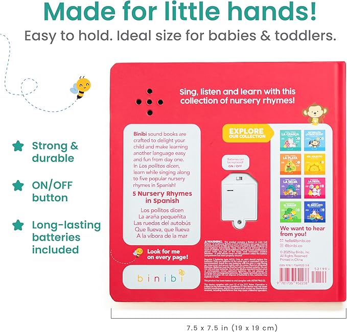 Binibi Spanish Musical Book for Babies & Toddlers 1-3 Los Pollitos Dicen & Other Nursery Rhymes | Spanish Learning for Kids | Bilingual Children's Book | Sound Book | Libro en español para bebés