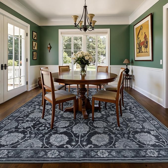 Black 9x12 Area Rug for Living Room, Washable Large Rugs, Vintage Floral Soft Carpet, Non Slip & Low Pile, Wool Carpets for Indoor Bedroom Dining Home Playroom Office Under Table, Black