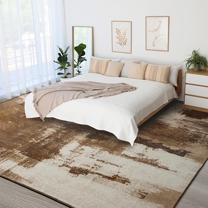 Kelarea Living Room Rug, 9x12 Rug Modern Abstract Washable Rugs, Brown Vintage Low Pile Carpet, Non Slip Large Rugs for Bedroom, Dining Room, College Dorm, Home Office