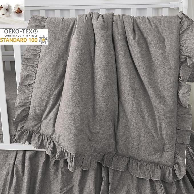 Brandream Crib Bedding Set 3 Pieces Ultra Soft 100% Cotton Bohemian Neutral Solid Grey Crib Comforter, Crib Sheet, Crib Skirt, Farmhouse Chic Ruffle Baby Girl Boys Nursery Bedding
