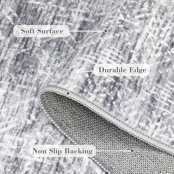 COZYLOOM Area Rug 4x6 Modern Washable Distressed Accent Carpet with Non-Slip Backing, Ultra-Soft Contemporary Geometric Floor Mat for Living Room, Kitchen, Bedroom, Grey