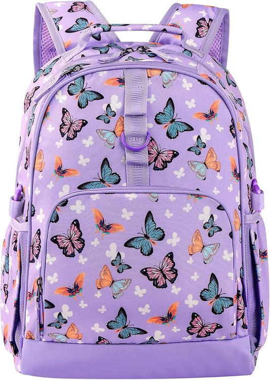 Choco Mocha Butterfly Backpack for Girls, Elementary School Backpack for Girls Ages 6-8 Kids Kindergarten Backpack Bookbag 17 Inch with Chest Strap, Purple