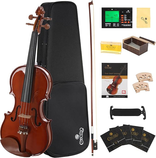 Cecilio 1/2 Size Natural Varnish Violin for Beginners, Hand-Carved Solid Spruce Top, Maple Back & Sides, Full Fiddle Kit with Hard Case, Bows, Rosin, Shoulder Rest, Lesson Book
