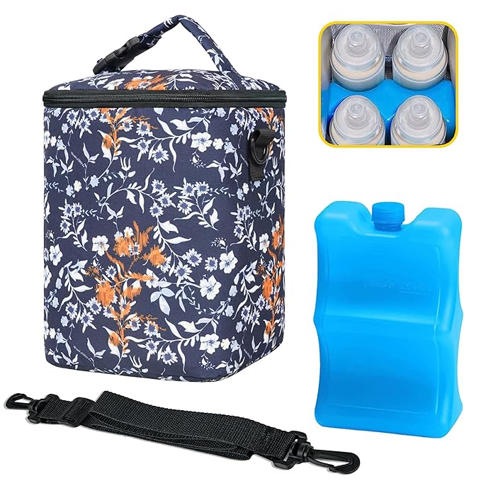 Breastmilk Cooler Bag with Ice Pack Fits 4 Baby Bottles Up To 9 Ounce Insulated Coolers Bag Breast Milk Cooler on the Go with Strap Baby Bottle Cooler Bag for Nursing Mom Daycare or Travel