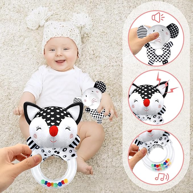 Baby Rattles 0-6 Months Newborn Toys Infant Toys 0-6 Months Rattles for Babies 0-6 Months Baby Toys 0-6 Months, Black and White High Contrast Baby Toys for 0 3 6 9 12 Months (Baby Rattles)