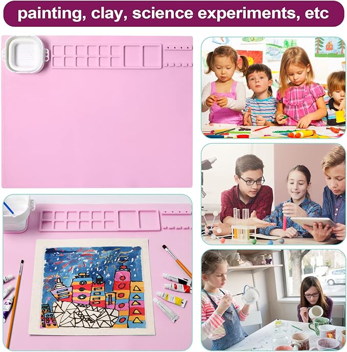 AWOKE Silicone Painting Mat for Table Protection - 20"X16" Washable Art Mat with 1 Water Cup for Kids - Craft Mat has 12 Color Dividers - 2 Paint Palettes (Pink), Toddler Activities, Girl Boy Gifts