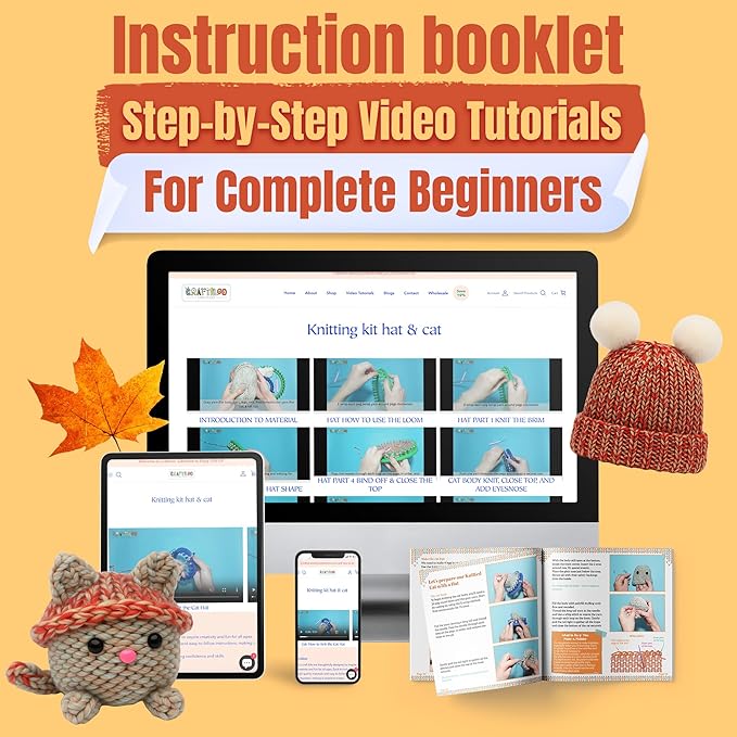 CRAFTILOO Knitting Kit for Kids – Beginner Knitting Kit to Make a Hat & Cat – Quick Knit Loom Kit with Yarn, Tools & Instructions – Knitting for Beginners Kit for Girls & Boys Ages 8+
