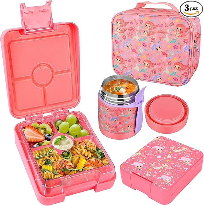 Bento Lunch Box Set With 10oz Soup Thermo, Leak-proof Lunch Containers with 4 Compartment, Kids Hot Thermo Food Jar/Insulation Lunch Bag, Food Containers for School（Mermaid）