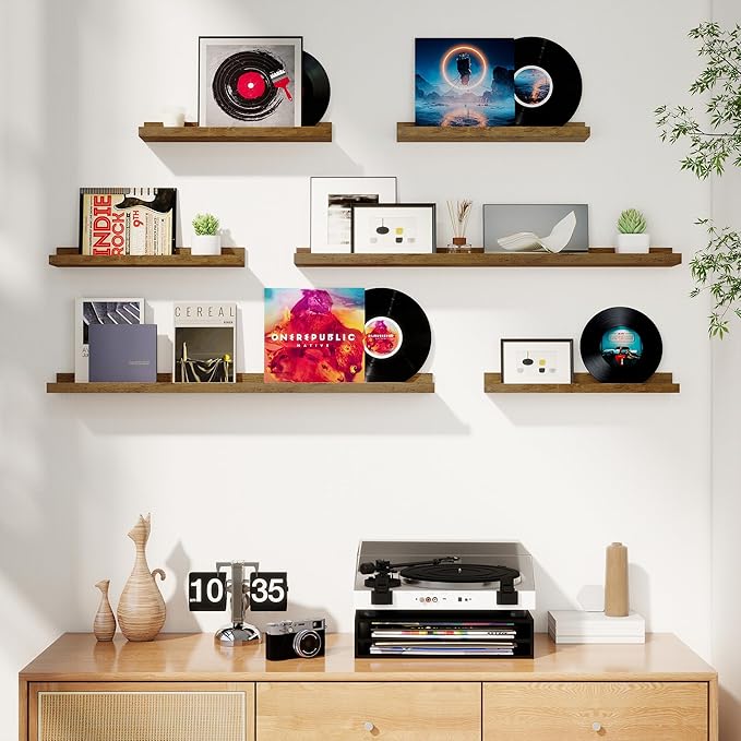 Axeman Picture Ledge Shelf, Floating Shelves for Wall Decor Set of 6, 24 inch Floating Wall Mounted Shelves, Wall Shelves with Lip for Living Room, Bedroom, Nursery, Bathroom, Kitchen, Rustic Brown