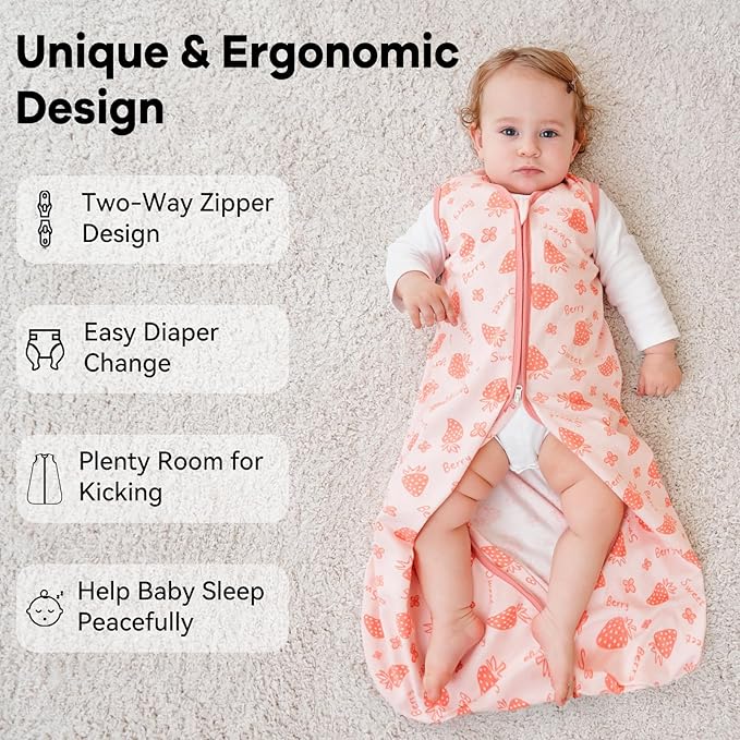 Baby Sleep Sack 6-12 Months 0.5 Tog Wearable Blanket Baby, 3 Pack 100% Cotton Lightweight Sleeping Sack with 2-Way Zipper for Newborn Infant Strawberry