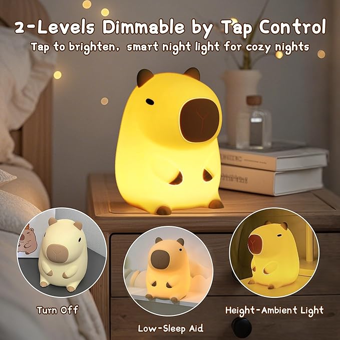 Cute Capybara Night Light, LED Squishy Novelty Animal Night Lamp,2 Levels Dimmable/Timer Nursery Nightlight for Kids, Rechargeable Touch Bedside Lamp, Bedroom/Dorm Decor, Baby Boys Girls Gifts