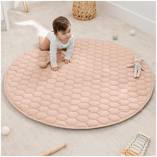 Comfy Cubs Round Kids Play Mat - Medium 48 inches Soft Quilted Baby Floor Mat with Non-Slip Bottom - Plush Design for Toddlers' Playtime and Relaxation - Comfortable and Durable - Blush
