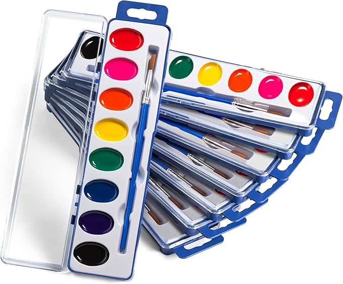 Bedwina Watercolor Paint Sets for Kids - Bulk Pack of 12, 8 Washable Water Color Paints in Palette Tray and Painting Brush for Coloring, Art, Classrooms and Paint Party Supplies