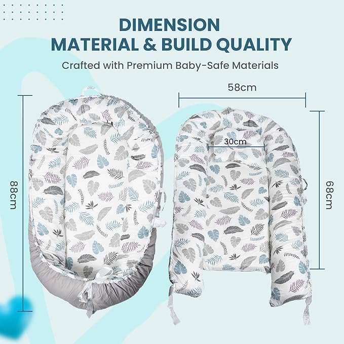 Baby Support Base for Awake Time – Foldable & Soft – 100% Cotton - Machine Washable - Perfect Baby Gift– Breathable & Soft Travel for Baby Boys & Girls (Feathers n Leaves-Grey)