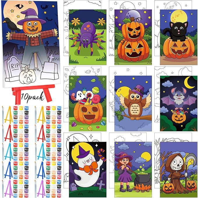 Blosssound 10 Set Pre Printed Canvas Pre Drawn Canvas Painting with Easel Kits 5" x 7" Outline Painting Panels for Beginners, DIY Craft Project, Party Favor, Home Decors(Spider)